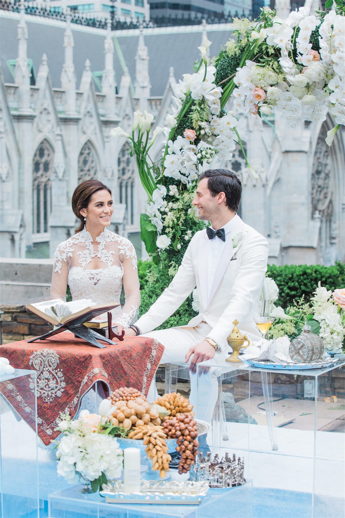 Persian sofreh aghd at 620 Loft & Garden, St. Patrick's Cathedral beyond
