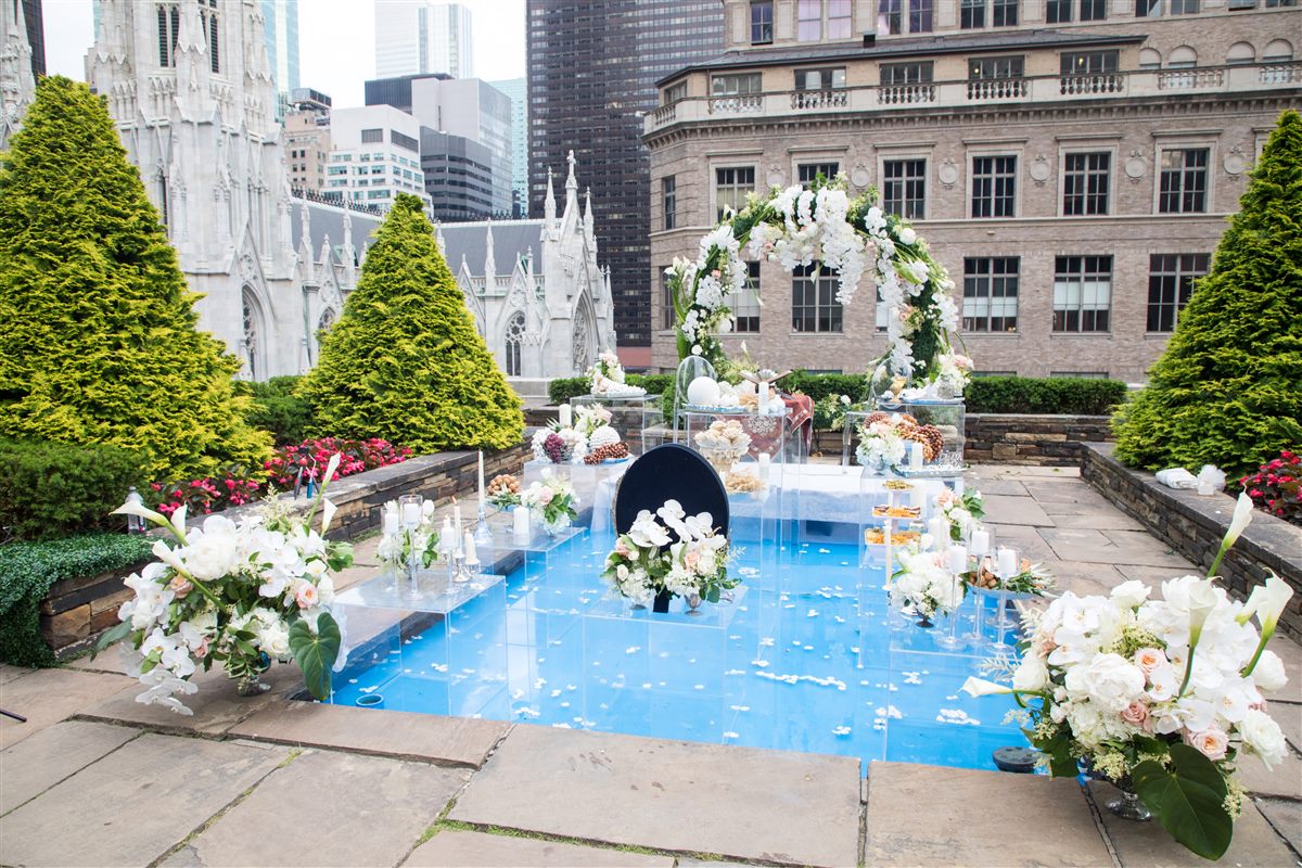 The reflecting pool dressed in white florals