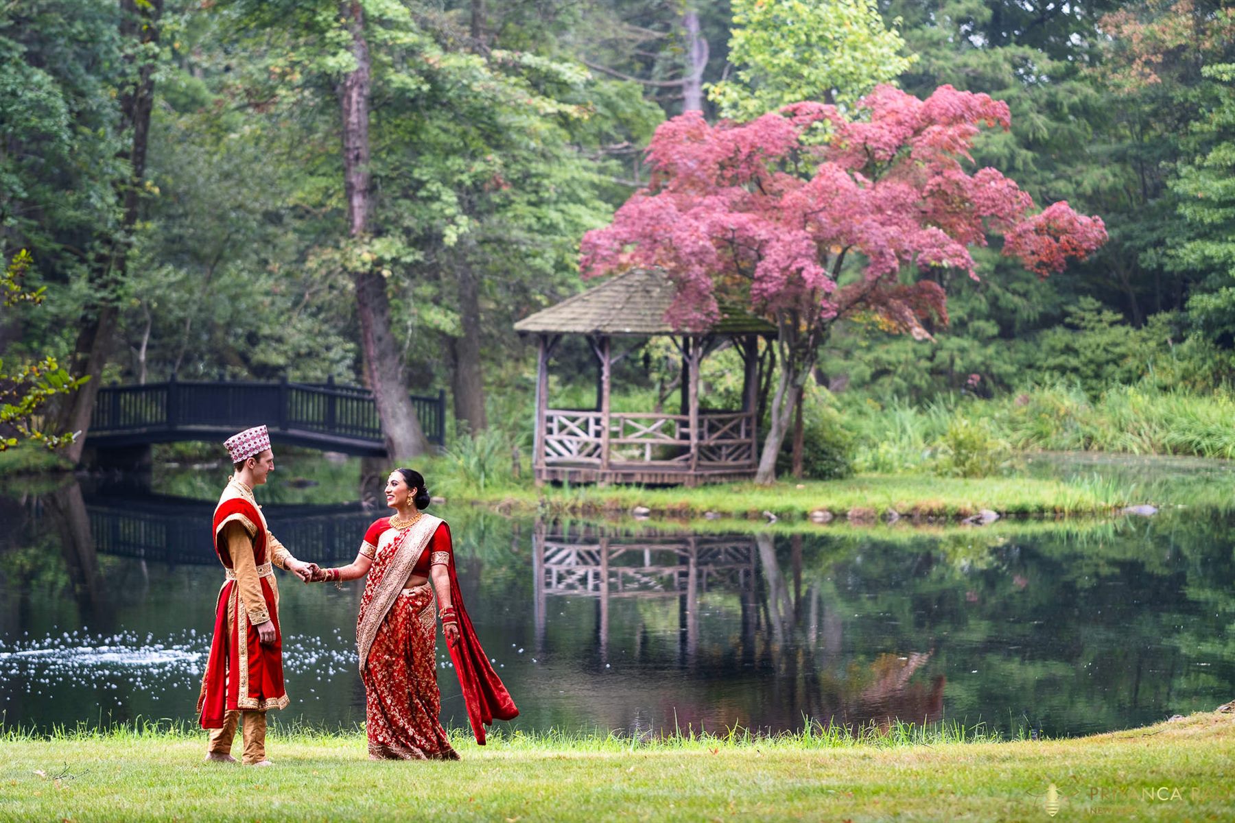 Across the lake, past the gazebo