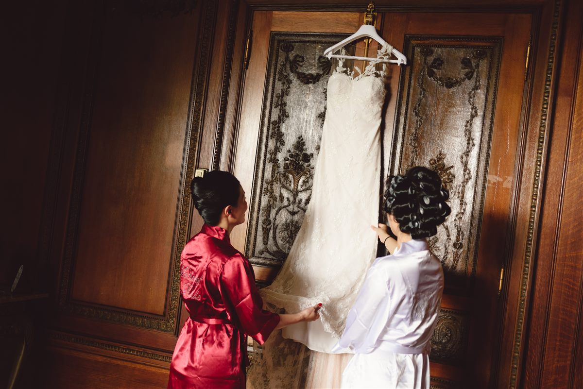 The dress in the paneled room