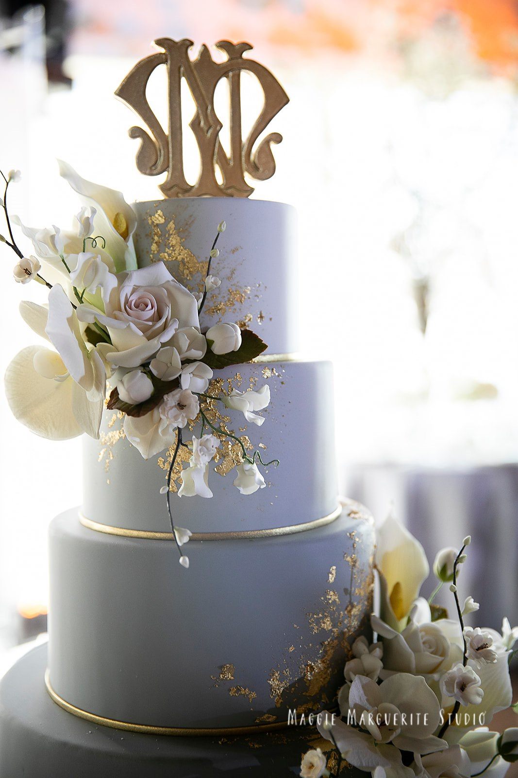 Three tiers, sugar magnolia, gold monogram